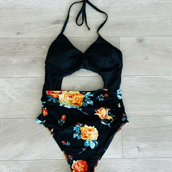 Cupshe Black Floral Print Halter Tummy Control One Piece Swim Suit - Picture 6 of 6